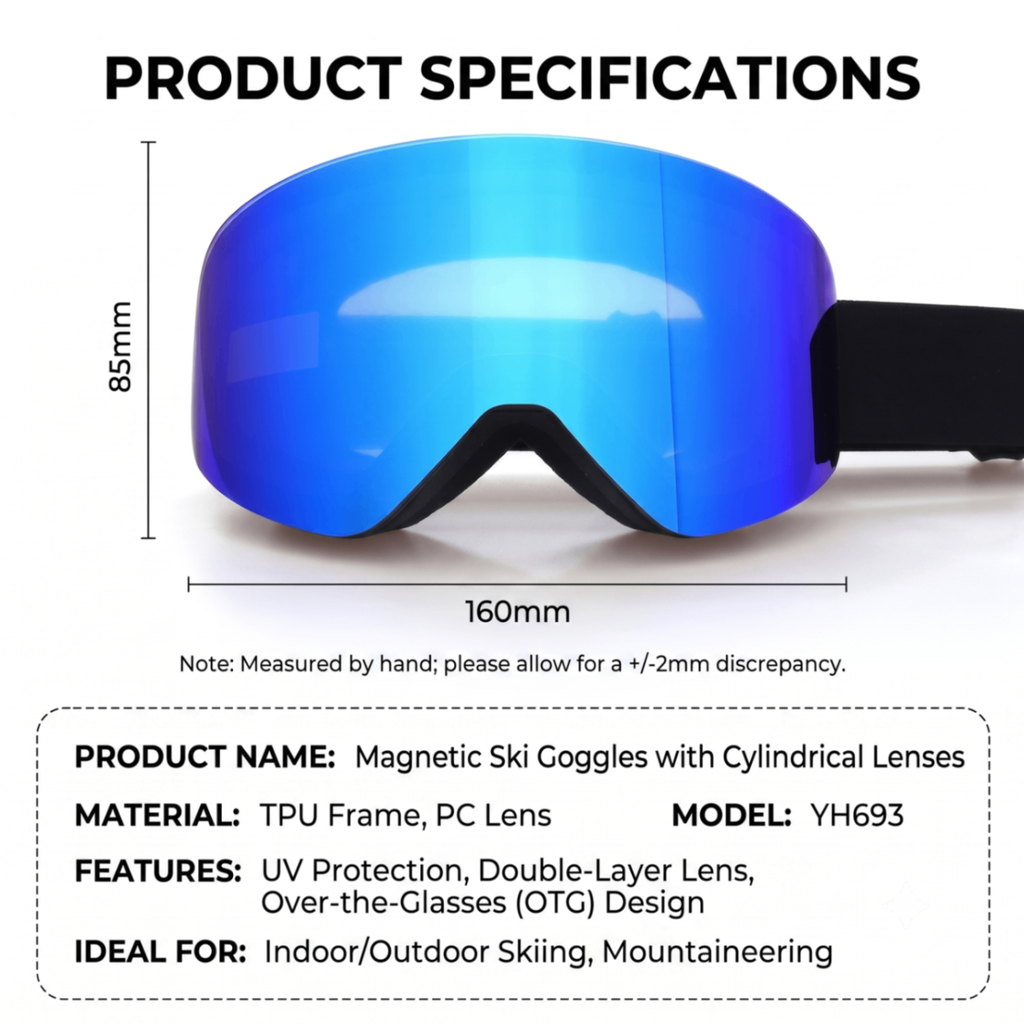 Magnetic Cylindrical Ski Goggles with UV400 Anti-Fog Dual-Lens, Impact-Resistant TPU Frame, Interchangeable Lens for Snow Sports, Includes Protective Case & Black Storage Bag (Blue)