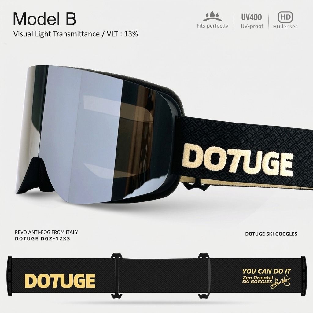 DOTUGE DGZ-12XS Ski Goggles with Italian REVO Coated Dual-Layer Anti-Fog Lens, UV400 Protection, Large Cylindrical Wide View, Compatible with Prescription Glasses, for Skiing and Snow Sports (D)