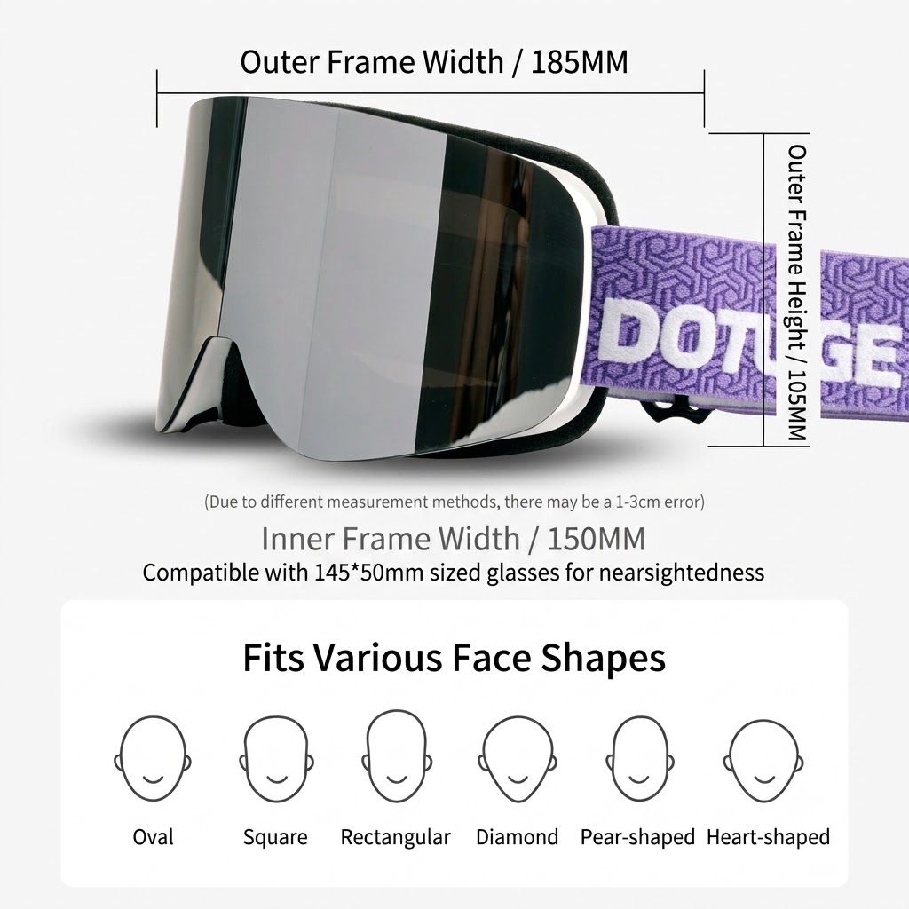 DOTUGE DGZ-12XS Ski Goggles with Italian REVO Coated Dual-Layer Anti-Fog Lens, UV400 Protection, Large Cylindrical Wide View, Compatible with Prescription Glasses, for Skiing and Snow Sports (F)