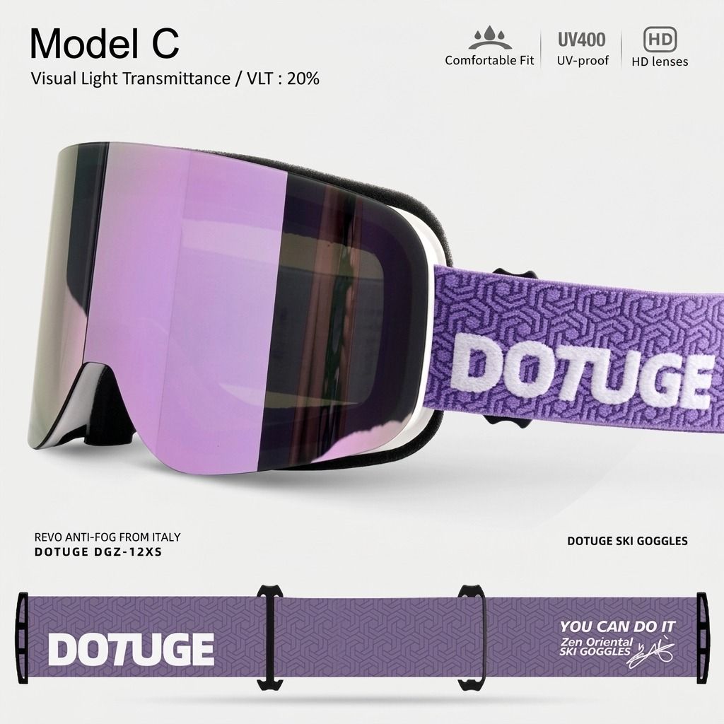 DOTUGE DGZ-12XS Ski Goggles with Italian REVO Coated Dual-Layer Anti-Fog Lens, UV400 Protection, Large Cylindrical Wide View, Compatible with Prescription Glasses, for Skiing and Snow Sports (F)