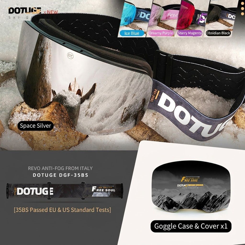 DOTUGE Magnetic Flip-Up Ski Goggles with Dual Frame Design, Anti-Fog HD Lens, Impact-Resistant TPU Frame, and Adjustable Strap for Winter Snow Sports (DreamPurple)