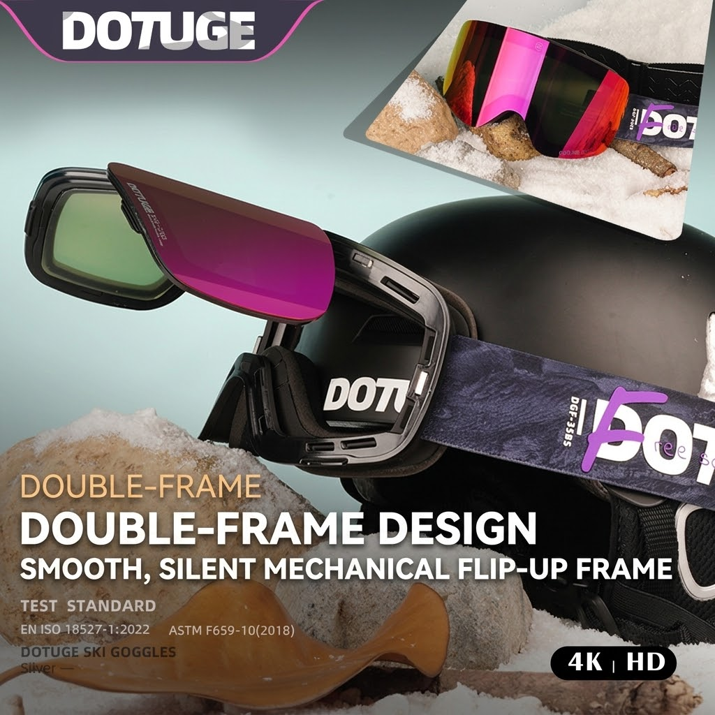 DOTUGE Magnetic Flip-Up Ski Goggles with Dual Frame Design, Anti-Fog HD Lens, Impact-Resistant TPU Frame, and Adjustable Strap for Winter Snow Sports (SpaceSilver)