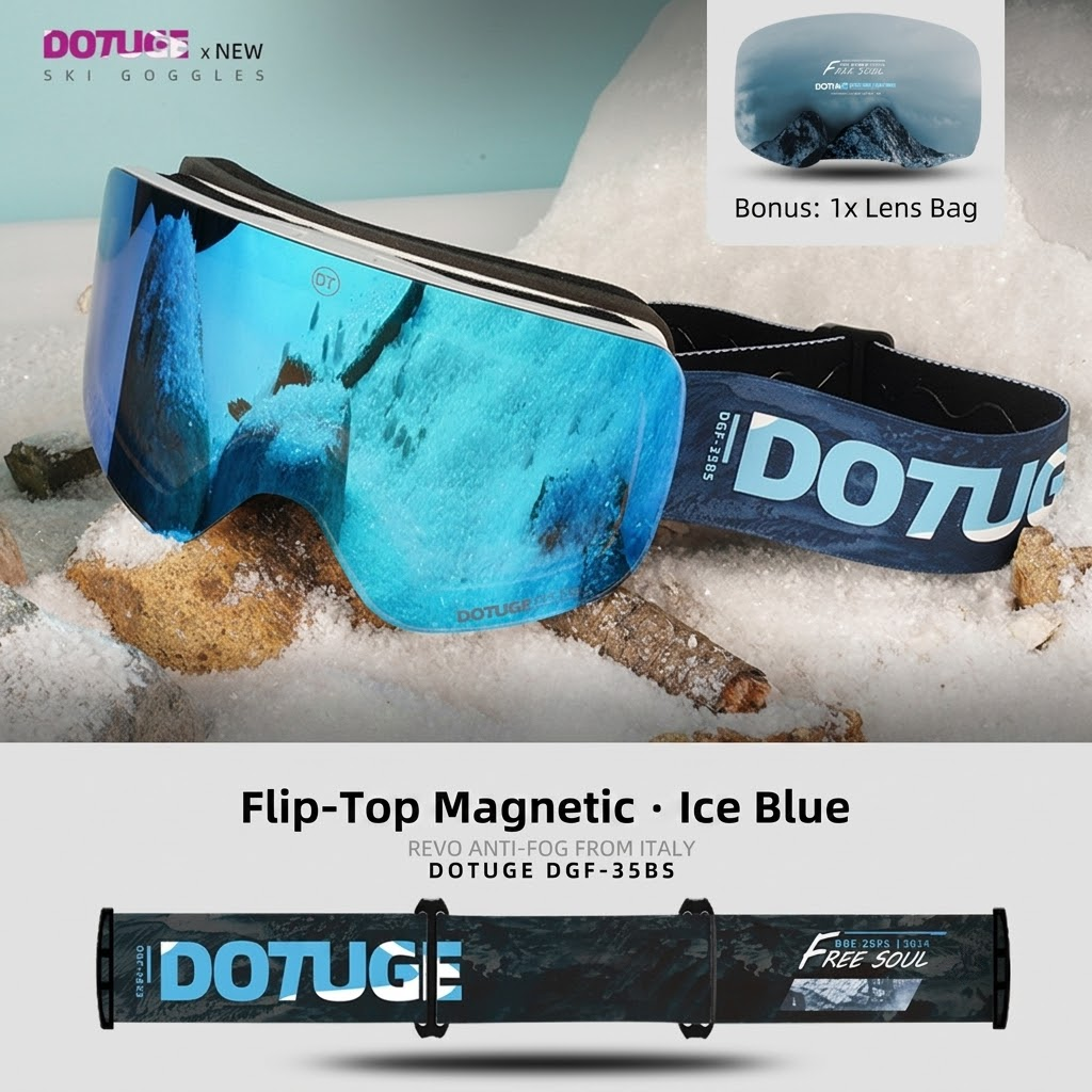DOTUGE Magnetic Flip-Up Ski Goggles with Dual Frame Design, Anti-Fog HD Lens, Impact-Resistant TPU Frame, and Adjustable Strap for Winter Snow Sports (SpaceSilver)
