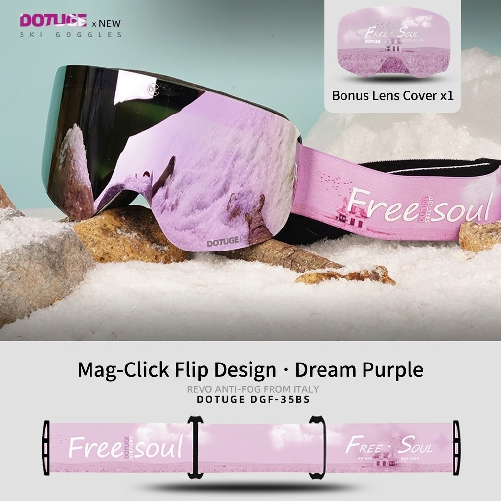 DOTUGE Magnetic Flip-Up Ski Goggles with Dual Frame Design, Anti-Fog HD Lens, Impact-Resistant TPU Frame, and Adjustable Strap for Winter Snow Sports (SpaceSilver)