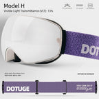 DOTUGE DGQ-D07 Magnetic Flip Ski Goggles with REVO Coated Dual-Layer Anti-Fog Spherical Lens, UV400 Protection, OTG Design, and Wide Field of View for Snow Sports (D)