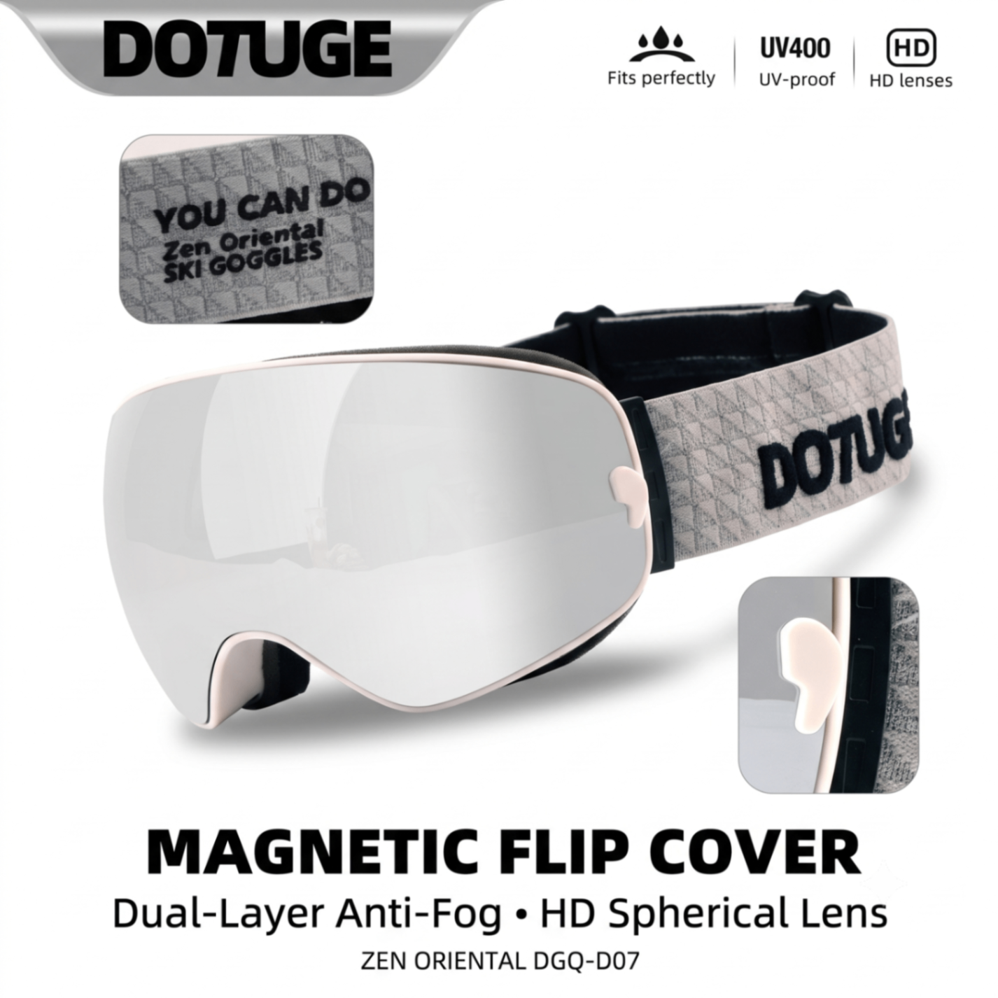 DOTUGE DGQ-D07 Magnetic Flip Ski Goggles with REVO Coated Dual-Layer Anti-Fog Spherical Lens, UV400 Protection, OTG Design, and Wide Field of View for Snow Sports (F)