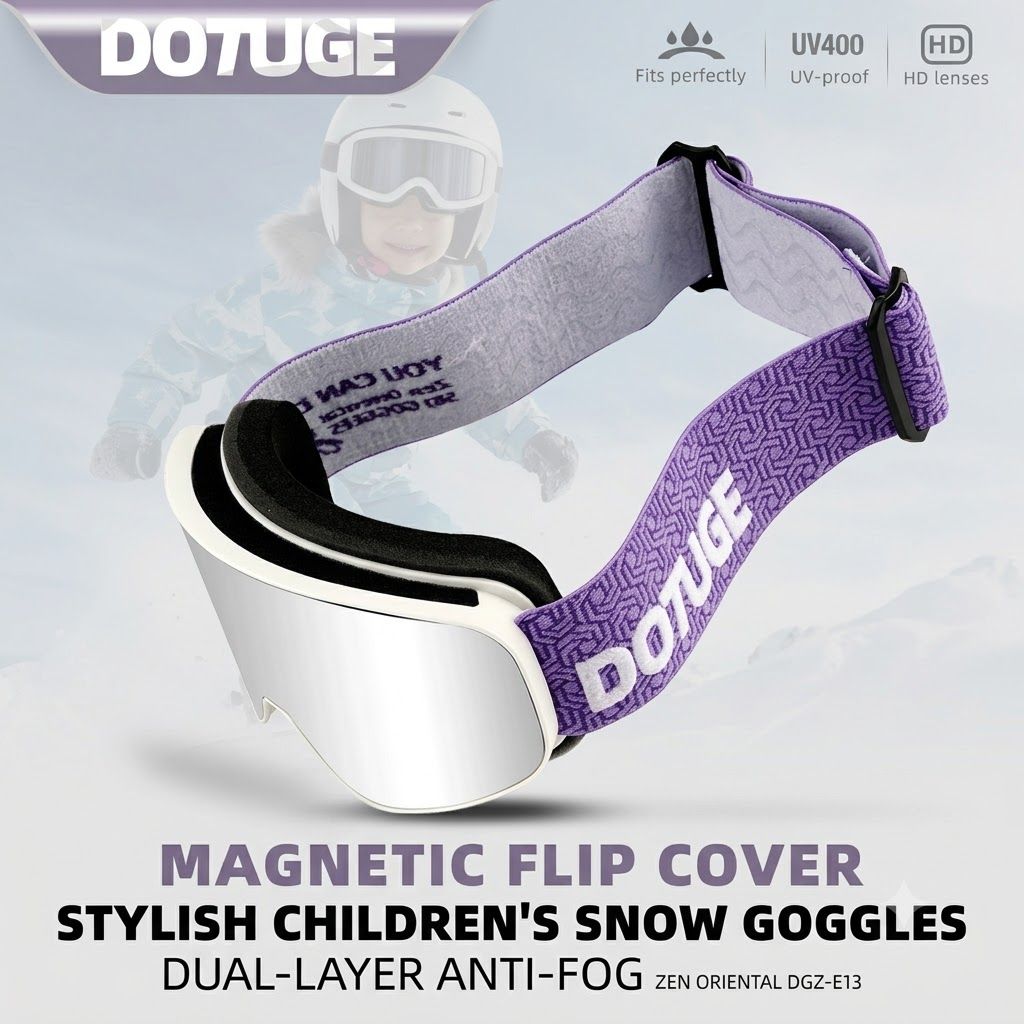 DOTUGE Kids Snow Goggles with Magnetic Flip Design, Anti-Fog HD Lens & UV400 Protection, Compatible with Prescription Glasses, Ideal for Skiing, Snowboarding, and Winter Outdoor Adventures (F)