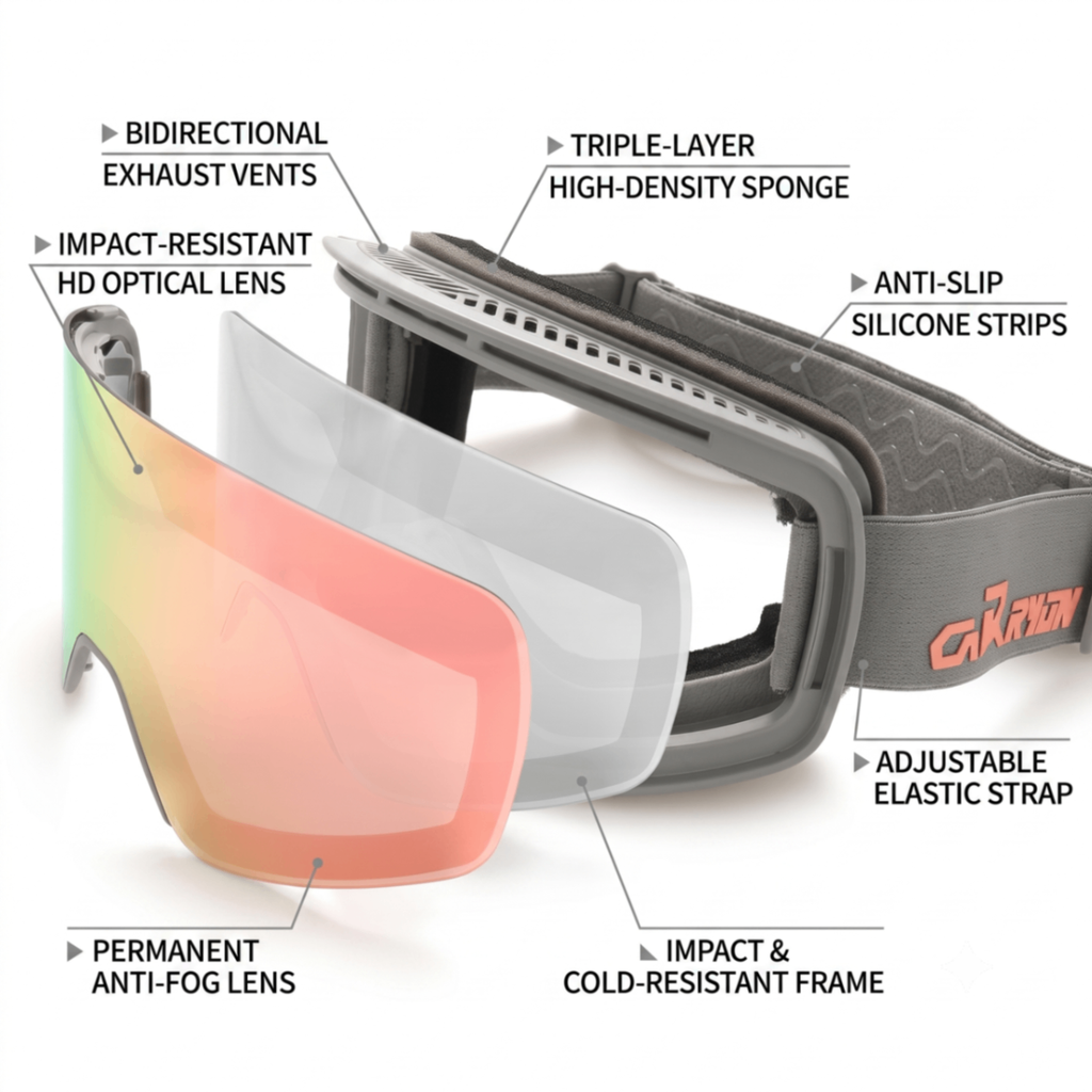 Cylindrical Snow Goggles with Anti-Fog Dual-Layer PC Lens, Impact-Resistant TPU Frame, and Adjustable Silicone-Grip Strap for Skiing, Snowboarding, and Mountaineering in Sunny Conditions (Grey)