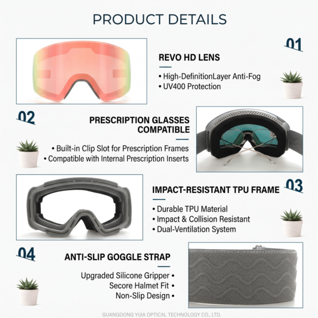 Cylindrical Snow Goggles with Anti-Fog Dual-Layer PC Lens, Impact-Resistant TPU Frame, and Adjustable Silicone-Grip Strap for Skiing, Snowboarding, and Mountaineering in Sunny Conditions (Grey)
