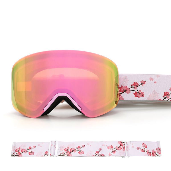 Pink Yellow Magnetic Ski Goggles with Cylindrical Anti-Fog Snow Lenses