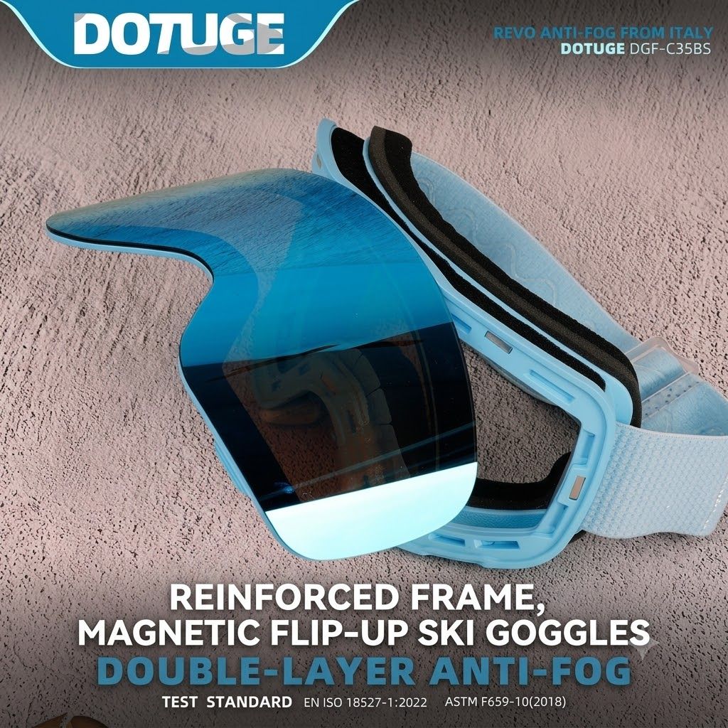 Magnetic Flip-Up Ski Goggles with Anti-Fog Cylindrical Lens for Snow Sports, Winter Hiking, and Mountain Climbing – Unisex Design for Clear Vision and Impact Protection (E)
