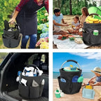 Foldable Carry-All Tote with Handle and Multiple Pockets – Portable Collapsible Laundry Basket for Outdoor Travel, Camping, Picnic, Beach, and Home Organization (Black)