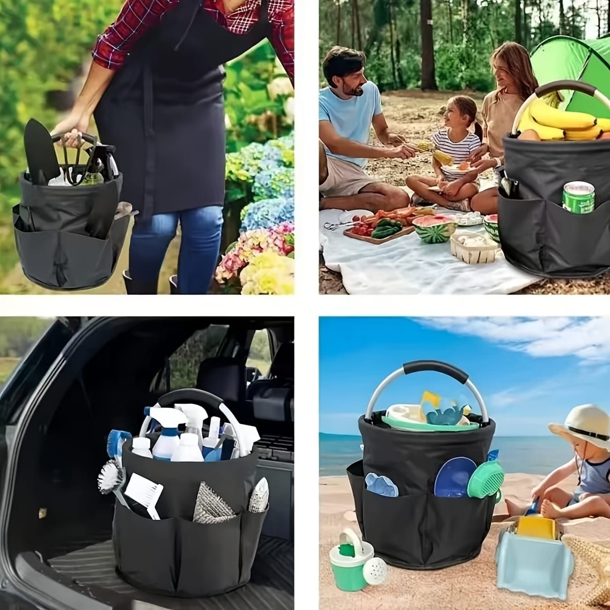 Foldable Carry-All Tote with Handle and Multiple Pockets – Portable Collapsible Laundry Basket for Outdoor Travel, Camping, Picnic, Beach, and Home Organization (Black)
