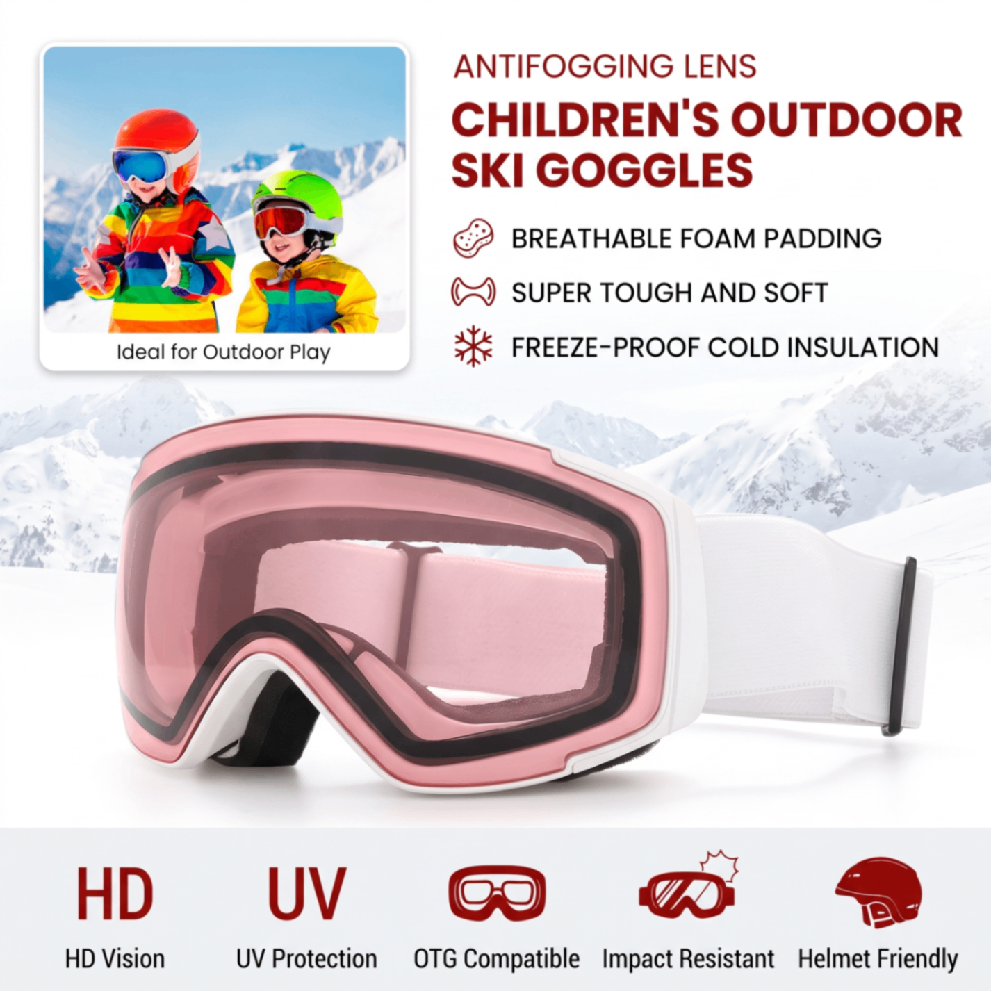 Kids Snow Goggles with Dual Layer Anti-Fog Cylindrical Lenses, TPU Frame and Adjustable Strap for Skiing, Snowboarding, Cycling and Outdoor Mountaineering (Pink)