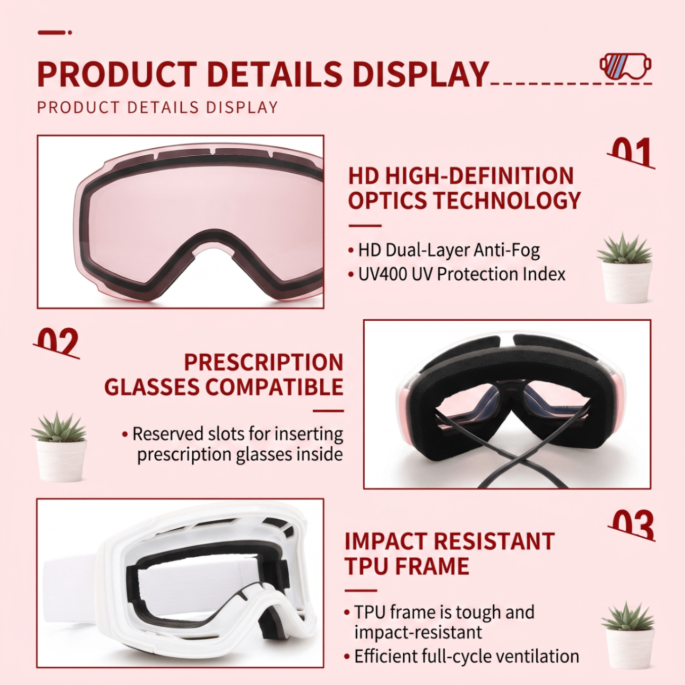 Kids Snow Goggles with Dual Layer Anti-Fog Cylindrical Lenses, TPU Frame and Adjustable Strap for Skiing, Snowboarding, Cycling and Outdoor Mountaineering (Red)