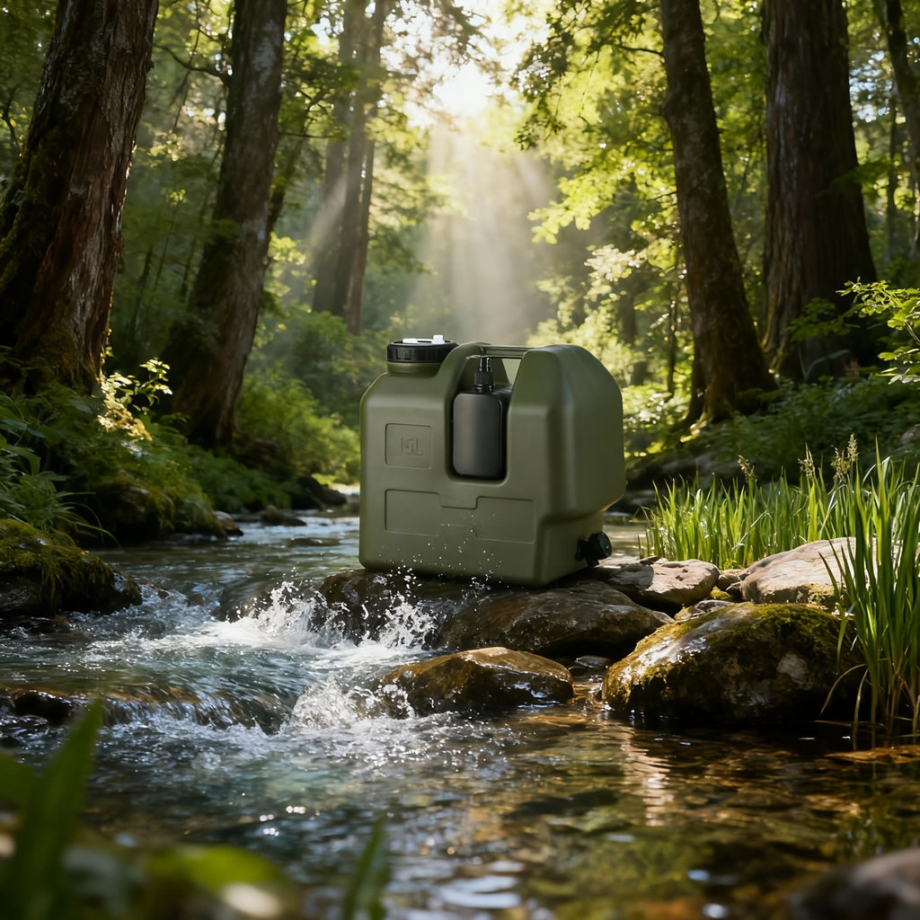 Green 20L water container, camping water storage, outdoor hydration, Australian camping gear, robust water canister, portable water tank, emergency water supply