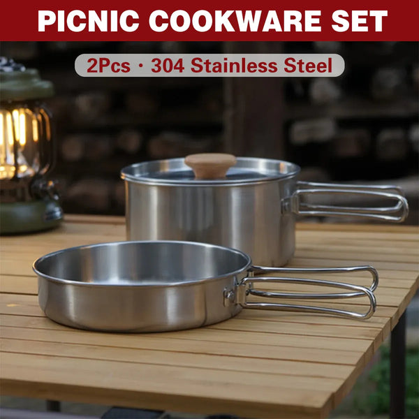 Stainless Steel Camping Pot and Pan Set with Folding Handles