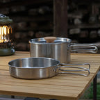 2PCS 304 Stainless Steel Camping Pot and Pan Set With Folding Handles Outdoor