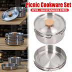 2PCS 304 Stainless Steel Camping Pot and Pan Set With Folding Handles Outdoor