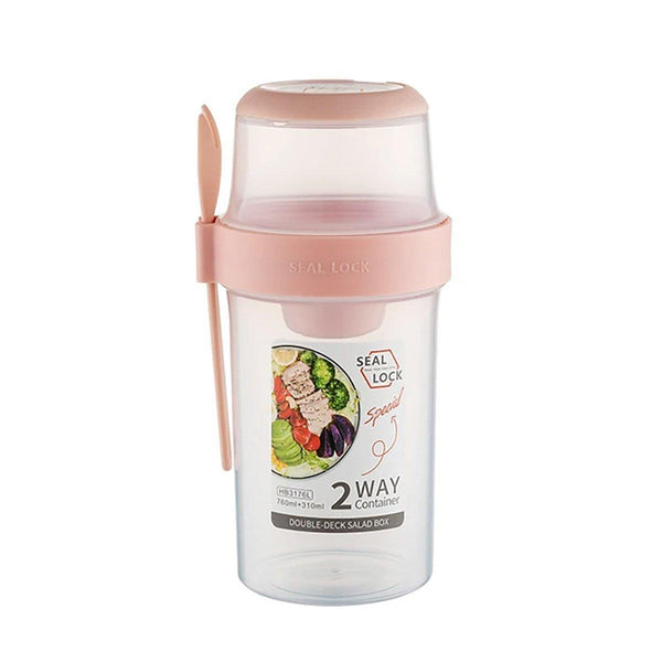 Pink Double Layer Salad Cup with Fork for Travel
