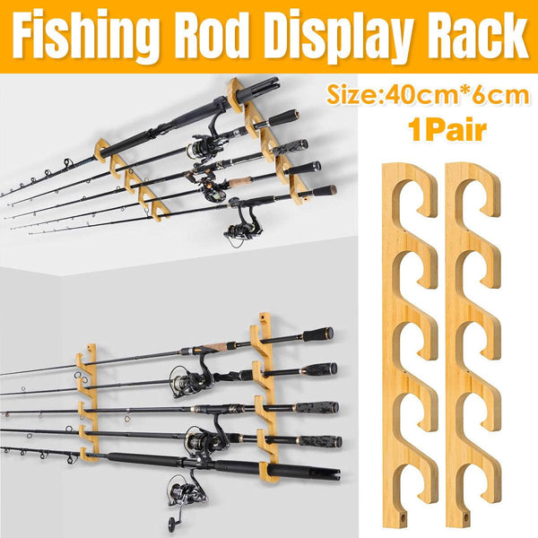 1Pair Bamboo Fishing Rod Holder Wall Mounted Wooden Storage Rack