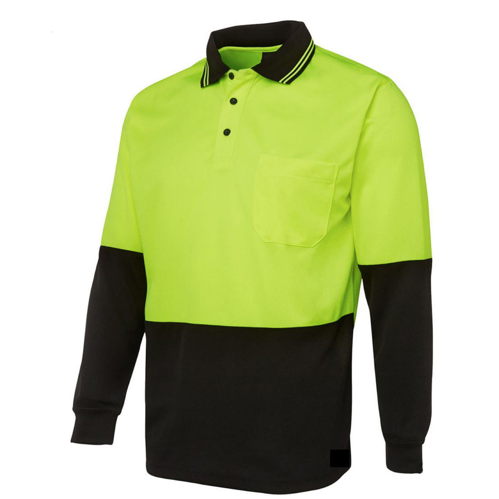 Hi Vis Long Sleeve Polo Shirt Safety Workwear Fluro Breathable UPF 50+ - Yellow - L