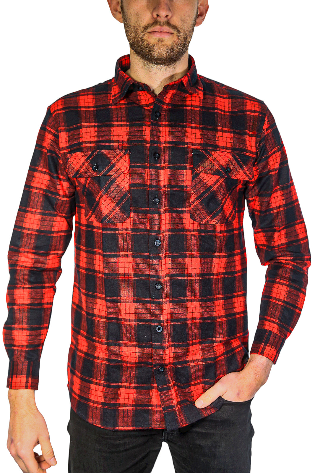 Mens Flannelette Long Sleeve Shirt 100% Cotton Check Authentic Flannel - Full Placket - Red  - 5XL