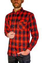 Mens Flannelette Long Sleeve Shirt 100% Cotton Check Authentic Flannel - Full Placket - Red  - L