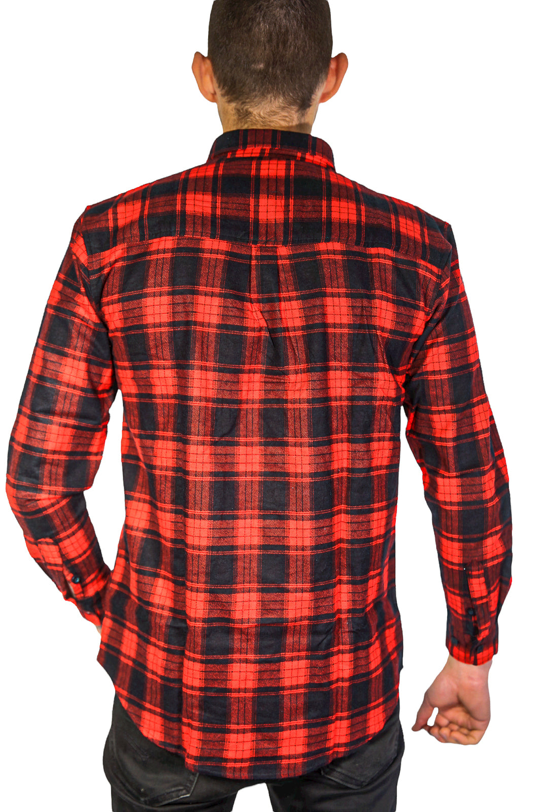 Mens Flannelette Long Sleeve Shirt 100% Cotton Check Authentic Flannel - Full Placket - Red  - L