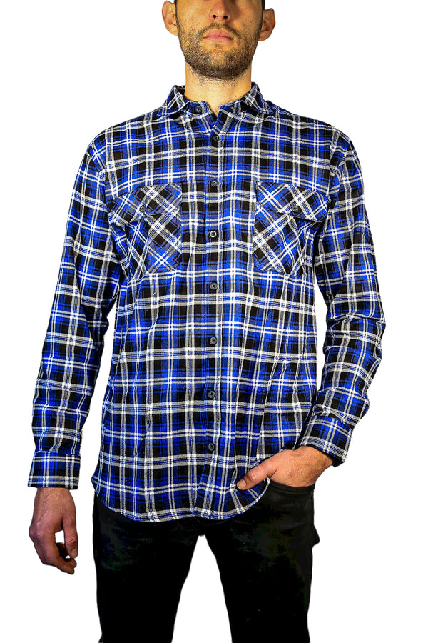 Mens 100% Cotton Flannelette Shirt Long Sleeve Check Authentic Flannel - Denim - L