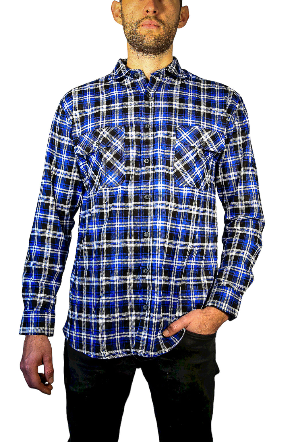 Mens 100% Cotton Flannelette Shirt Long Sleeve Check Authentic Flannel - Denim - L