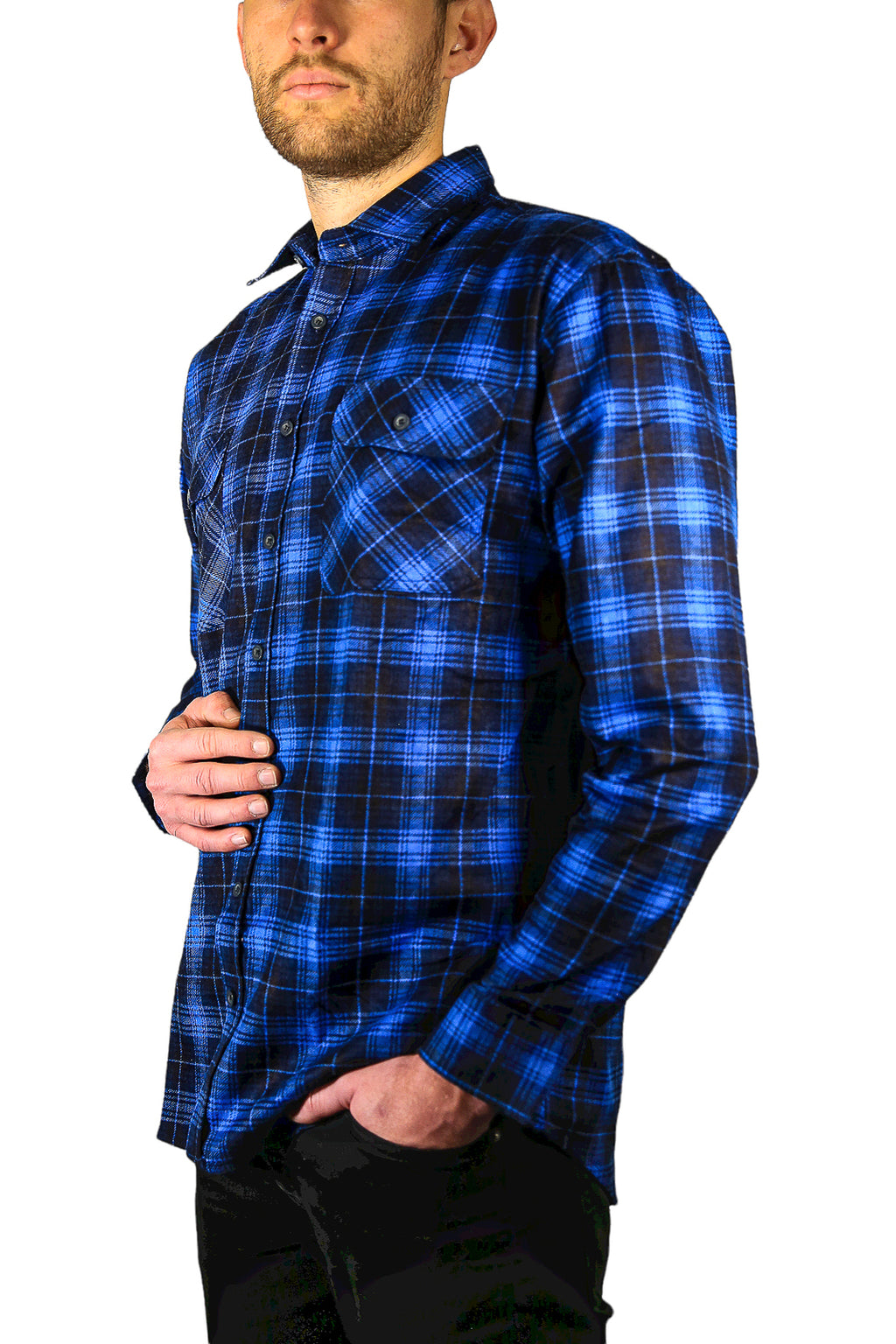 Mens 100% Cotton Flannelette Shirt Long Sleeve Check Authentic Flannel - Blue - 6XL
