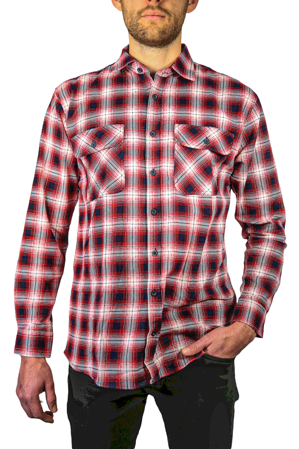 Mens 100% Cotton Flannelette Shirt Long Sleeve Check Authentic Flannel - Red/Navy - 5XL