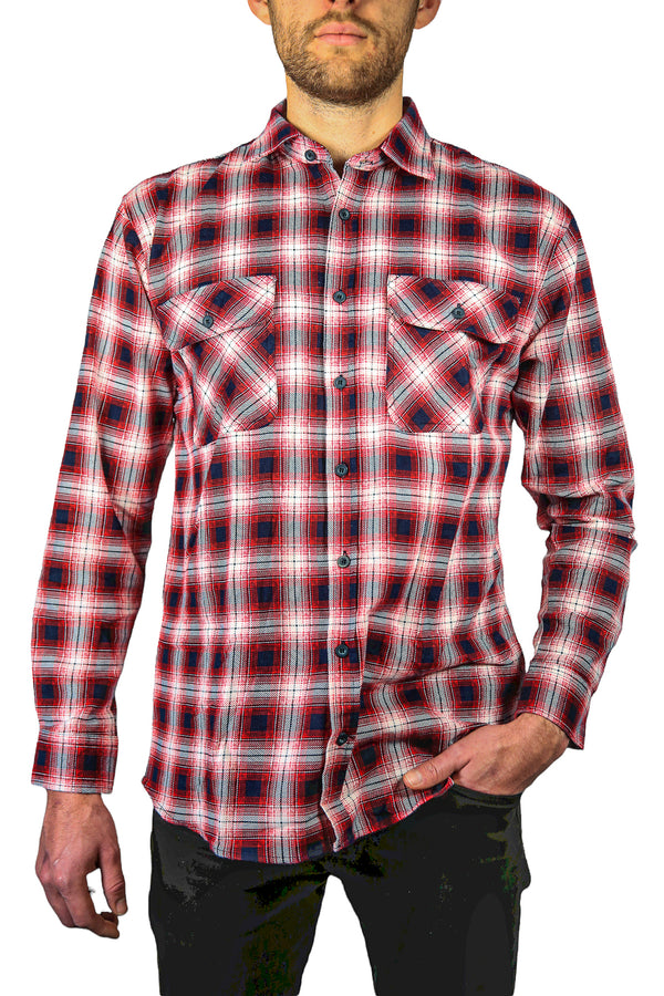 Mens 100% Cotton Flannelette Shirt Long Sleeve Check Authentic Flannel - Red/Navy - XL