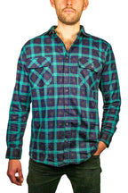 Mens 100% Cotton Flannelette Shirt Long Sleeve Check Authentic Flannel - Green/Navy - 3XL