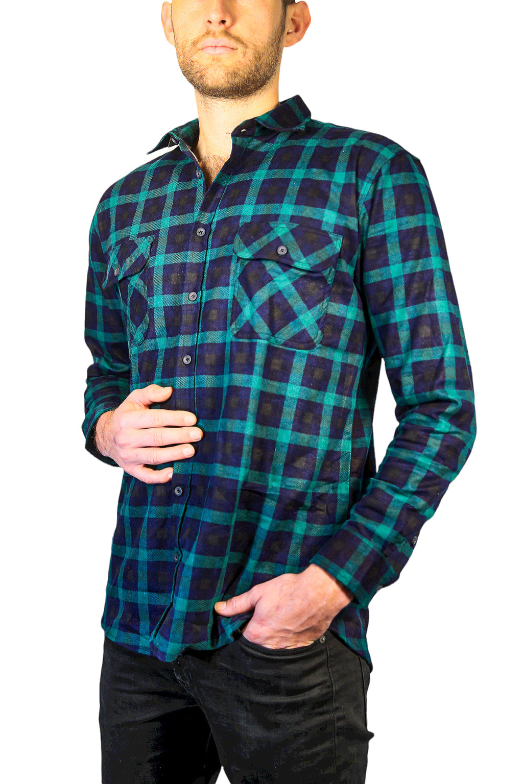 Mens 100% Cotton Flannelette Shirt Long Sleeve Check Authentic Flannel - Green/Navy - XL