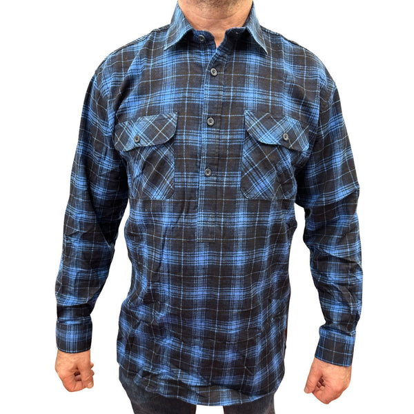 Mens Flannelette Long Sleeve Pullover Shirt 100% Cotton Flannel - Half Placket - Blue - 4XL