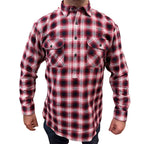 Mens Flannelette Long Sleeve Pullover Shirt 100% Cotton Flannel - Half Placket - Red/Navy - 4XL