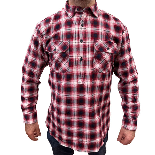 Mens Flannelette Long Sleeve Pullover Shirt 100% Cotton Flannel - Half Placket - Red/Navy - 4XL