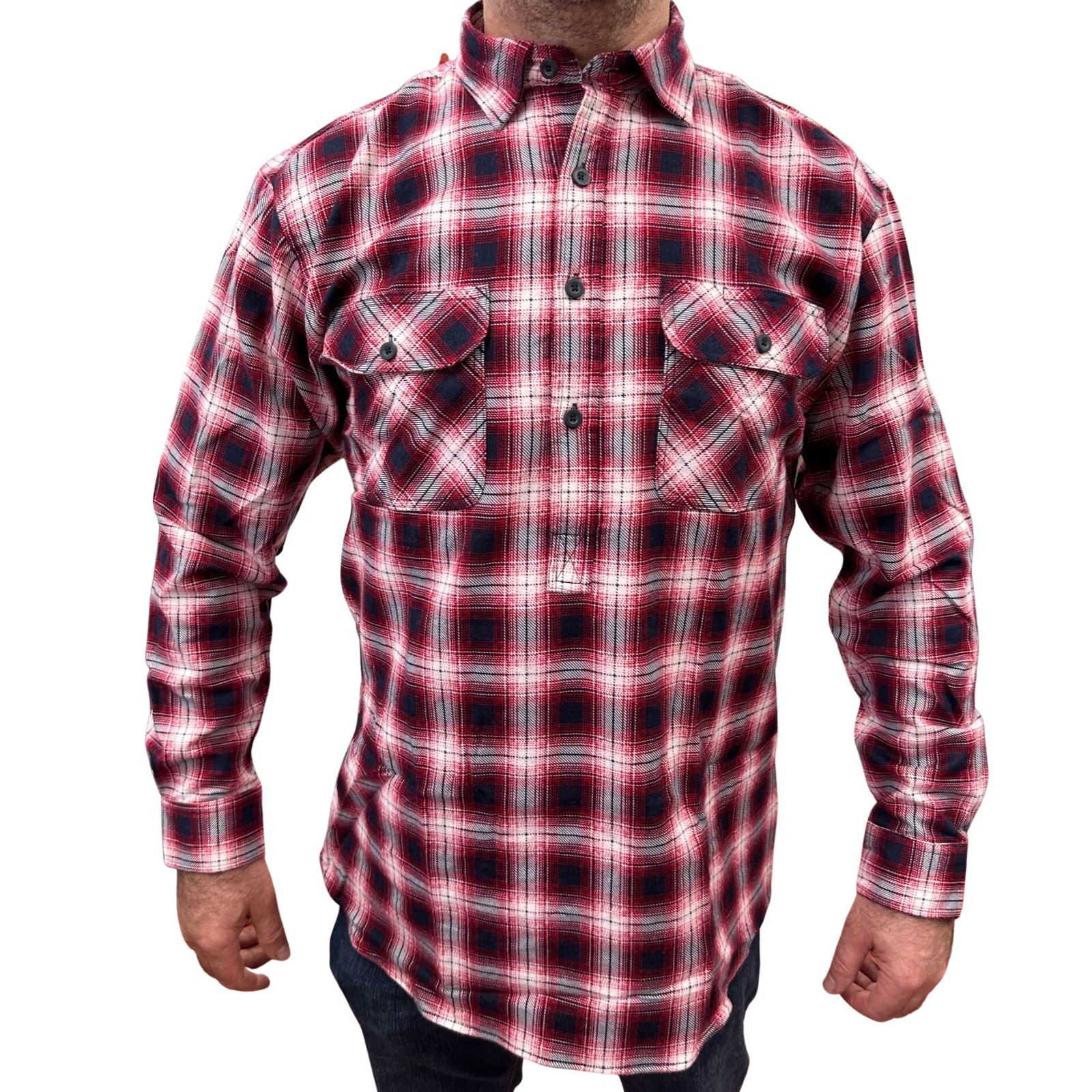 Mens Flannelette Long Sleeve Pullover Shirt 100% Cotton Flannel - Half Placket - Red/Navy - 6XL
