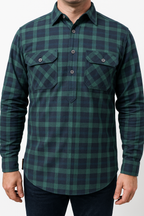 Mens Flannelette Long Sleeve Pullover Shirt 100% Cotton Flannel - Half Placket - Green/Navy - XL