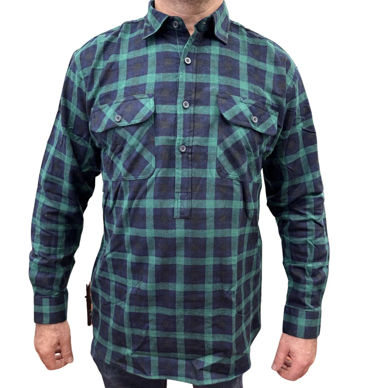 Mens Flannelette Long Sleeve Pullover Shirt 100% Cotton Flannel - Half Placket - Green/Navy - XL