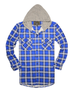 Mens Cotton Flannelette Shirt w Jersey Hood Long Sleeve Flannel - Spanish Blue - 5XL