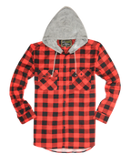 Mens Cotton Flannelette Shirt w Jersey Hood Long Sleeve Flannel - Red/Black - S