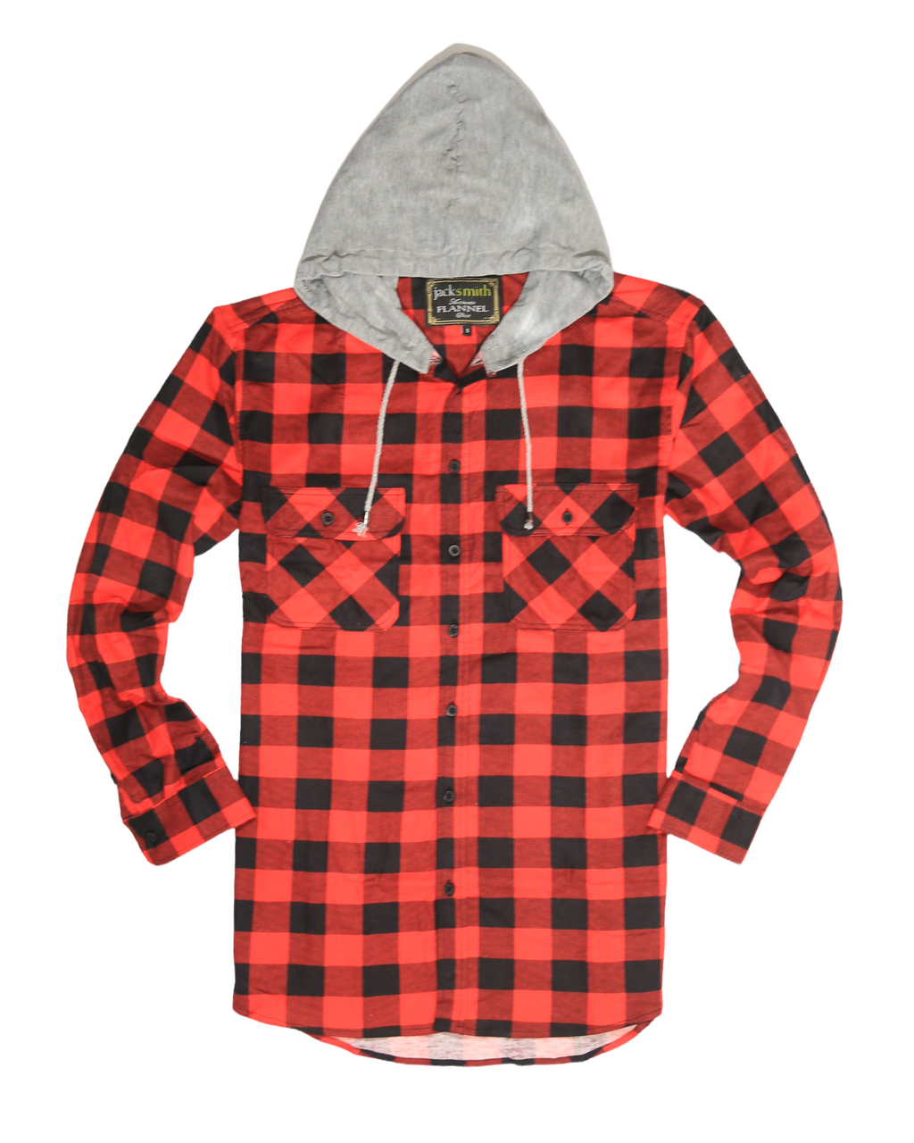 Mens Cotton Flannelette Shirt w Jersey Hood Long Sleeve Flannel - Red/Black - XXL