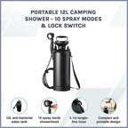 Portable 12L Camping Shower - 10 Spray Modes & Lock Switch