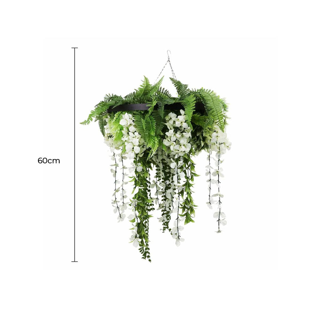 Black Framed Roof Hanging Disc With Draping Life-Like Wisteria Flowers UV Resistant 60cm