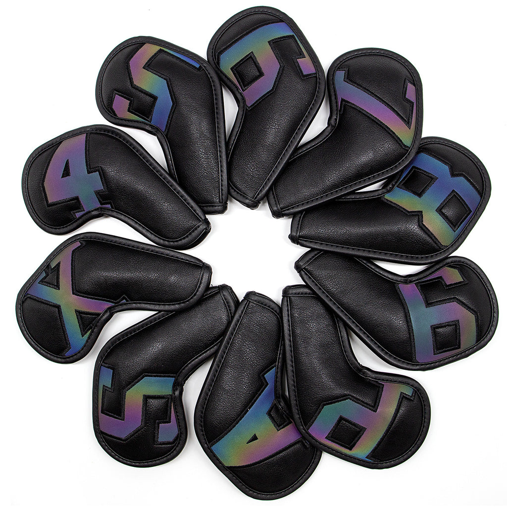 Black covers with  Laser numbers, Premium PU Leather Golf Iron Headcover Set (10pcs) | Numbered 4-9, P, S, A, X | Protective Club Covers for Irons