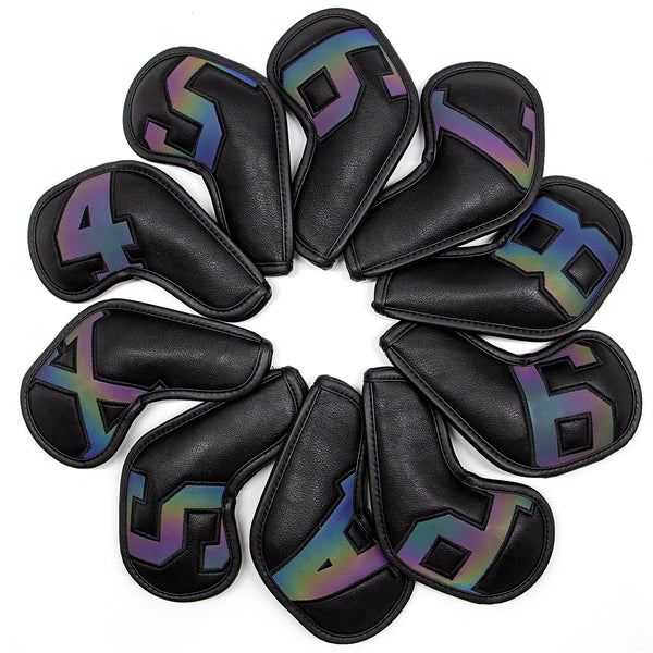 Black covers with  Laser numbers, Premium PU Leather Golf Iron Headcover Set (10pcs) | Numbered 4-9, P, S, A, X | Protective Club Covers for Irons