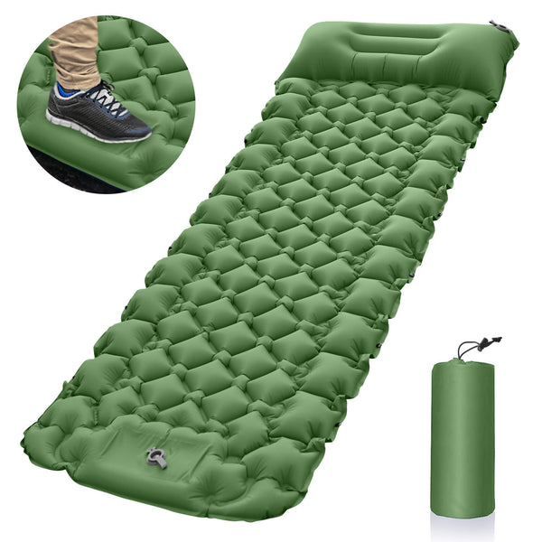 Green Inflatable Camping Sleeping Pad with Foot Operated Pump